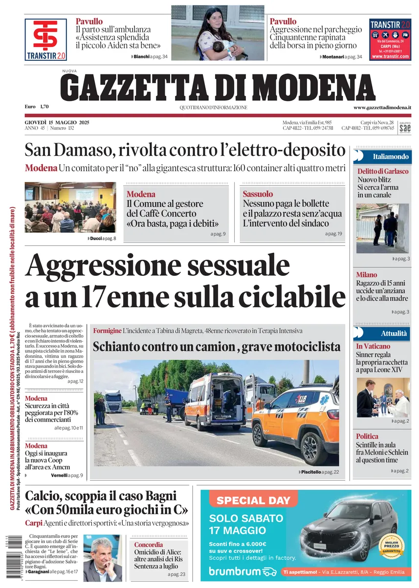 Prima-pagina-gazzetta di modena-oggi-edizione-del-2025-05-15